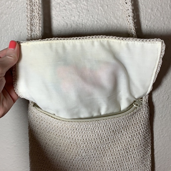 Vintage boho woven pearly white crossbody bag pink green floral embroidery - Picture 10 of 14